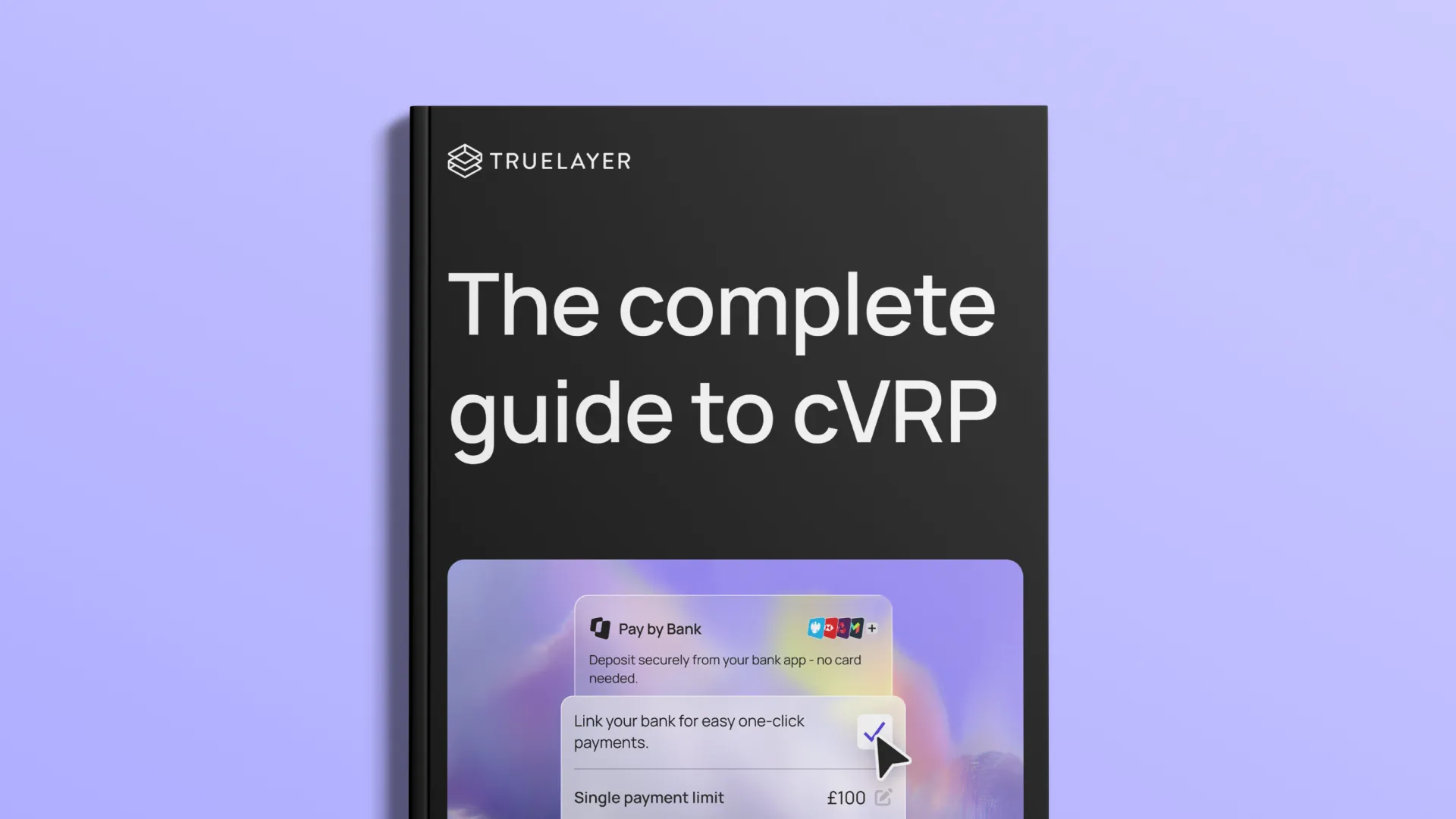 A book titled "The complete guide to cVRP" with an image showing a bank payment interface on a purple background.