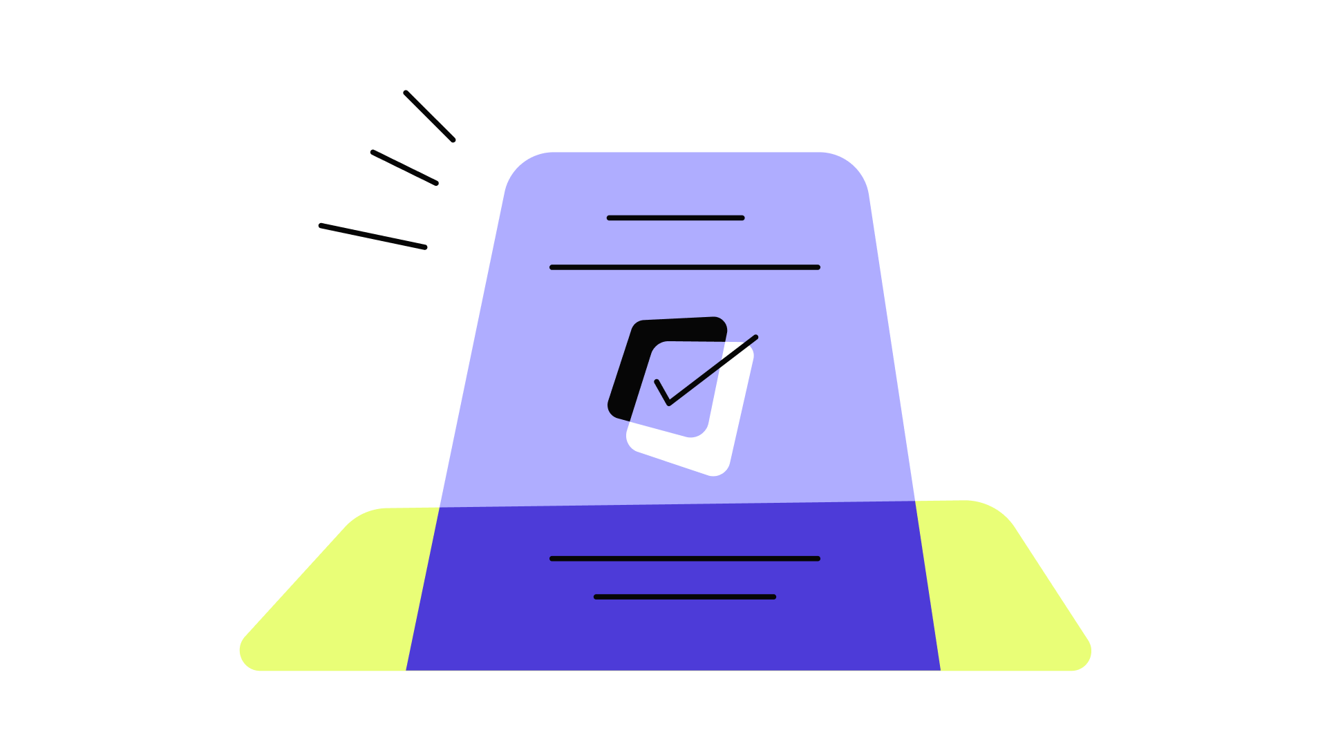 A stylized purple document with a black checkmark symbol in the center, set against a lime green and dark background.