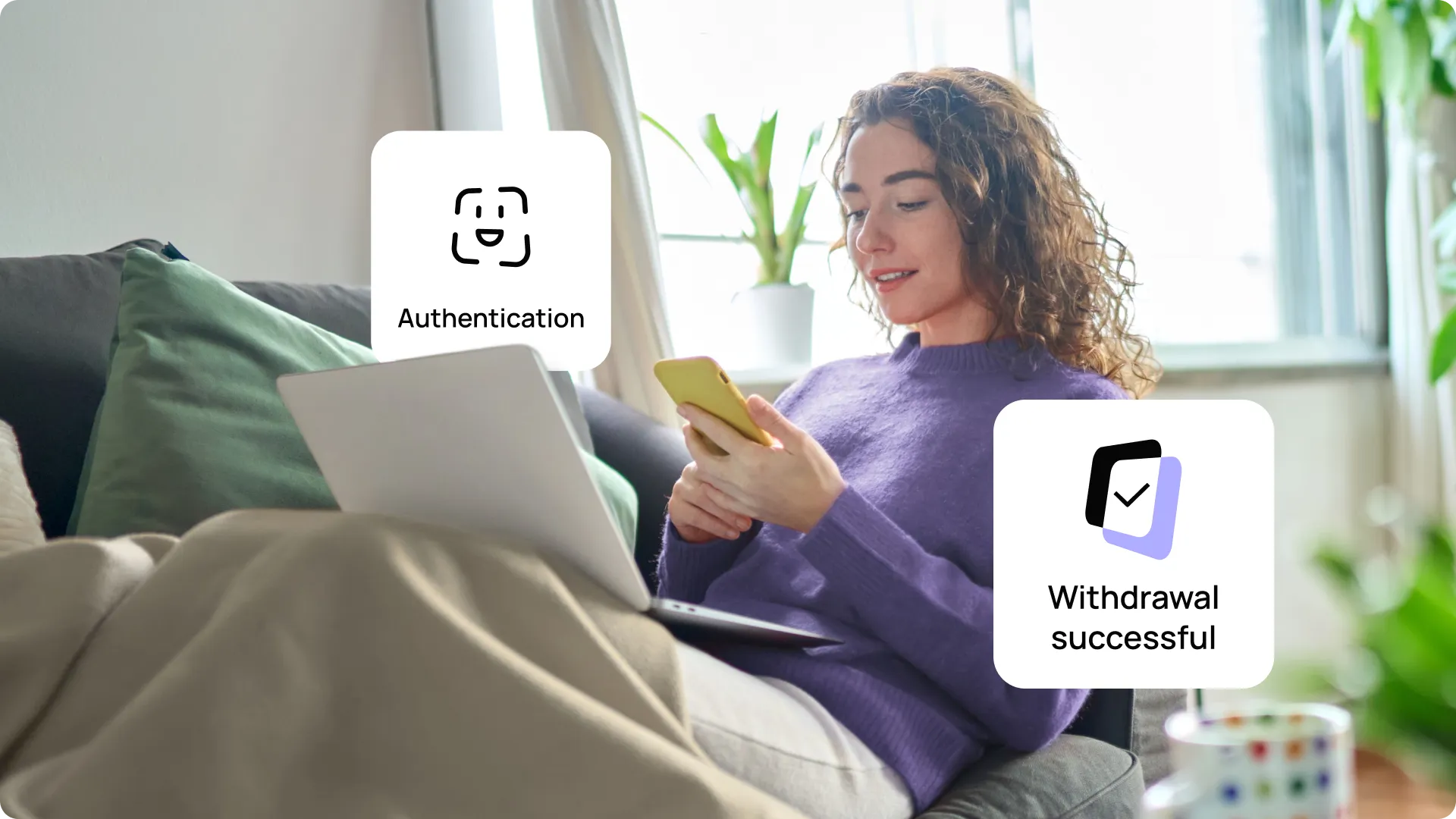 Woman on a couch using a smartphone and laptop, with pop-up icons for "Authentication" and "Withdrawal successful."