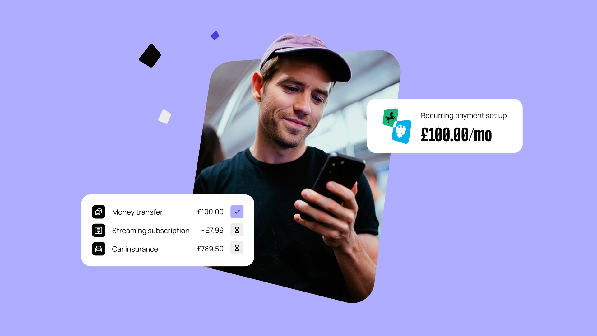 A person using a smartphone with a payment app interface showing transactions and a recurring payment setup of £100.00/mo.