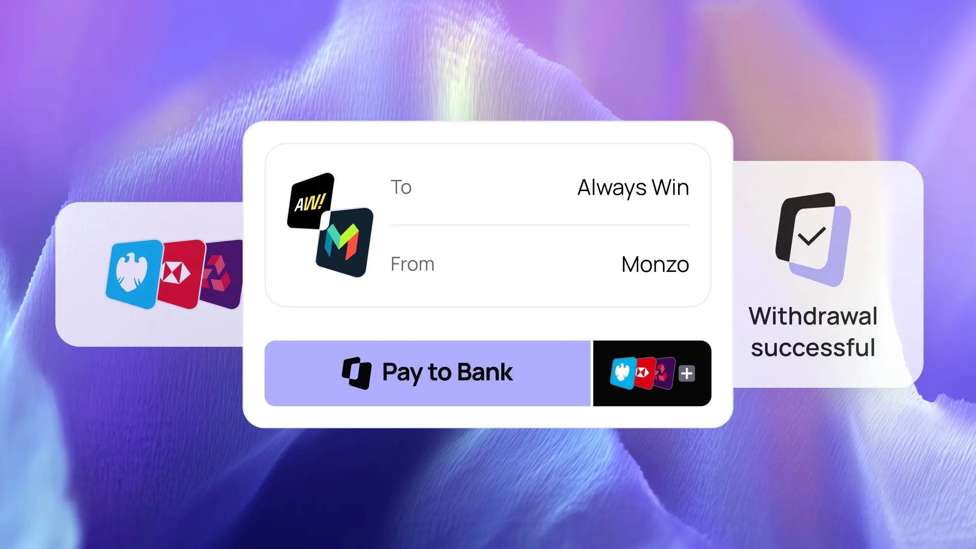 Payment transaction interface showing transfer from Monzo to "Always Win," with a "Withdrawal successful" message.