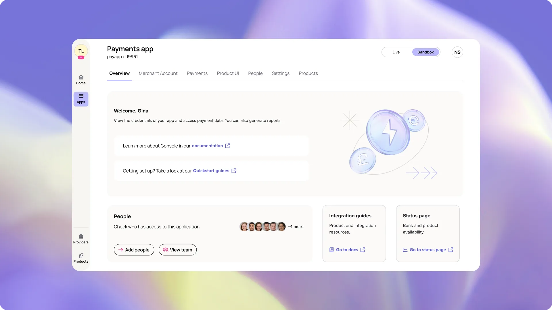 Dashboard interface of a payments app showing navigation tabs, user welcome message, and links for documentation and quickstart guides.