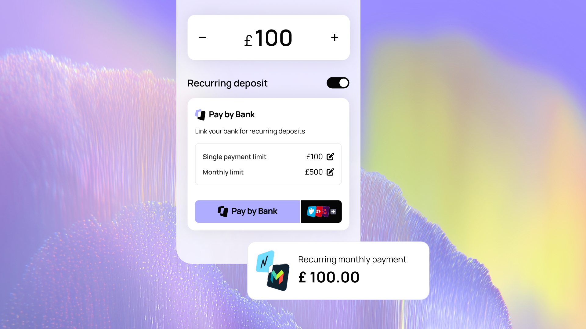 Recurring deposit interface showing a £100 amount with Pay by Bank option, single and monthly limits, and a confirmation notification.