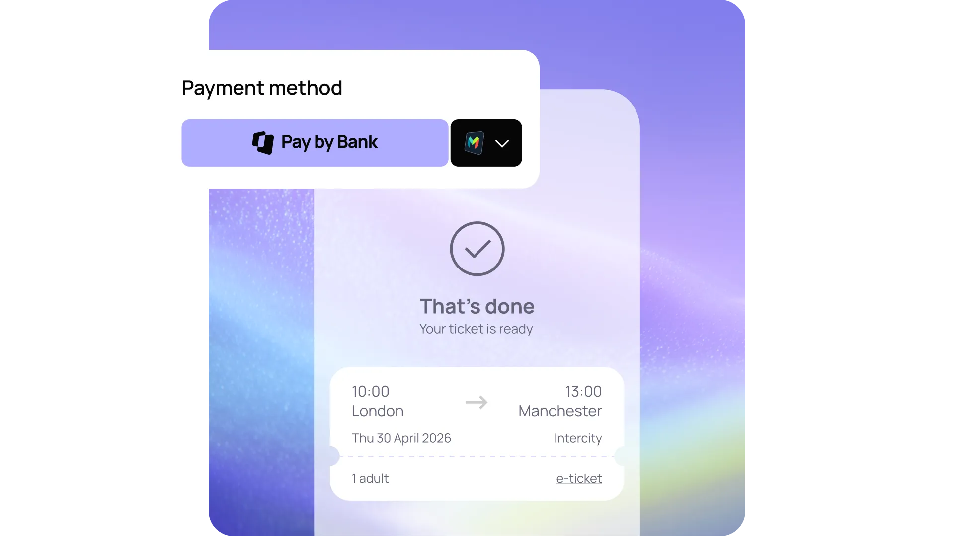 Payment confirmation screen showing a completed ticket purchase from London to Manchester for April 30, 2026. Payment via bank.