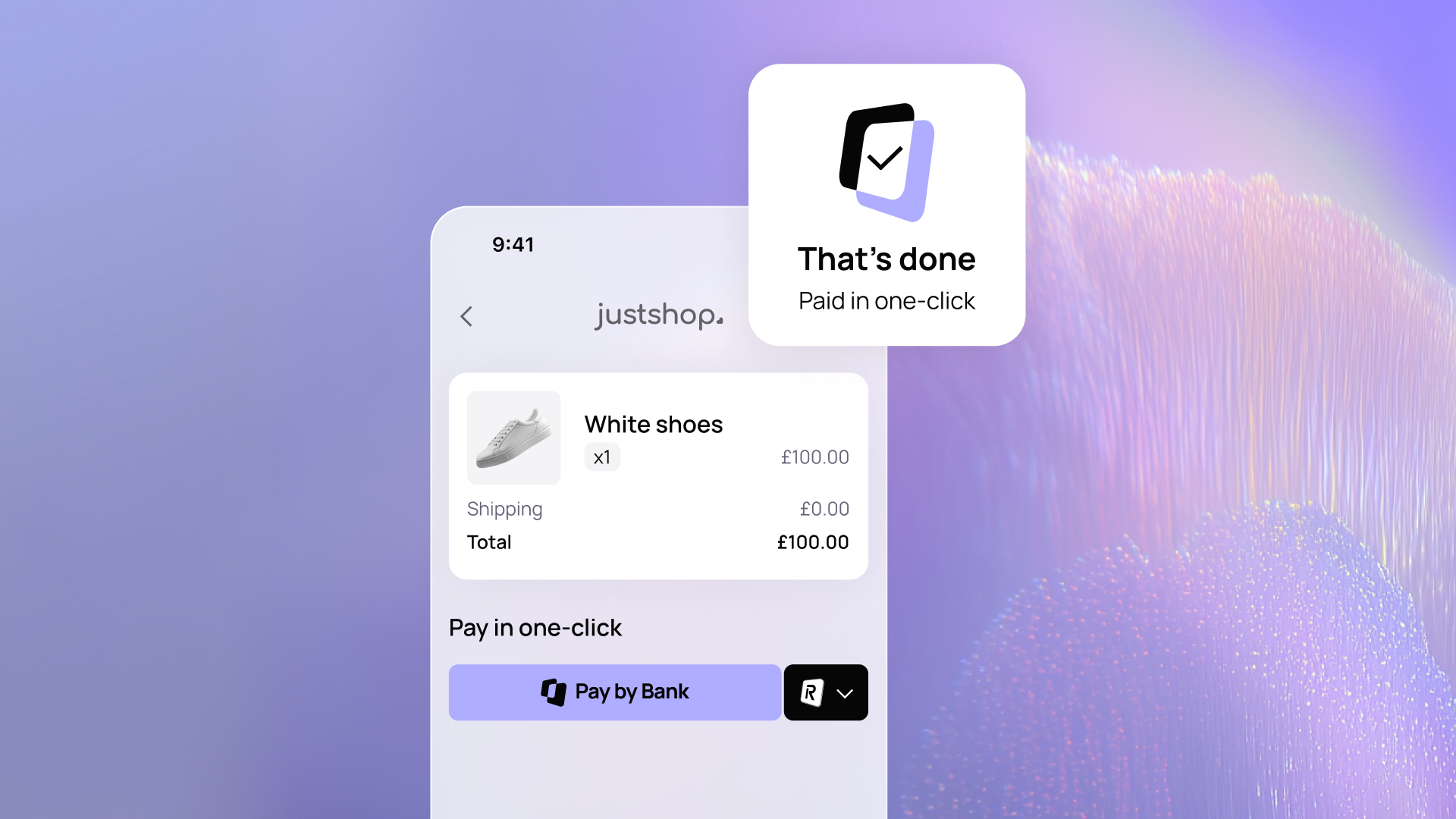 Mobile payment screen for white shoes costing £100. Confirmation bubble says "That's done, Paid in one-click" with a checkmark.