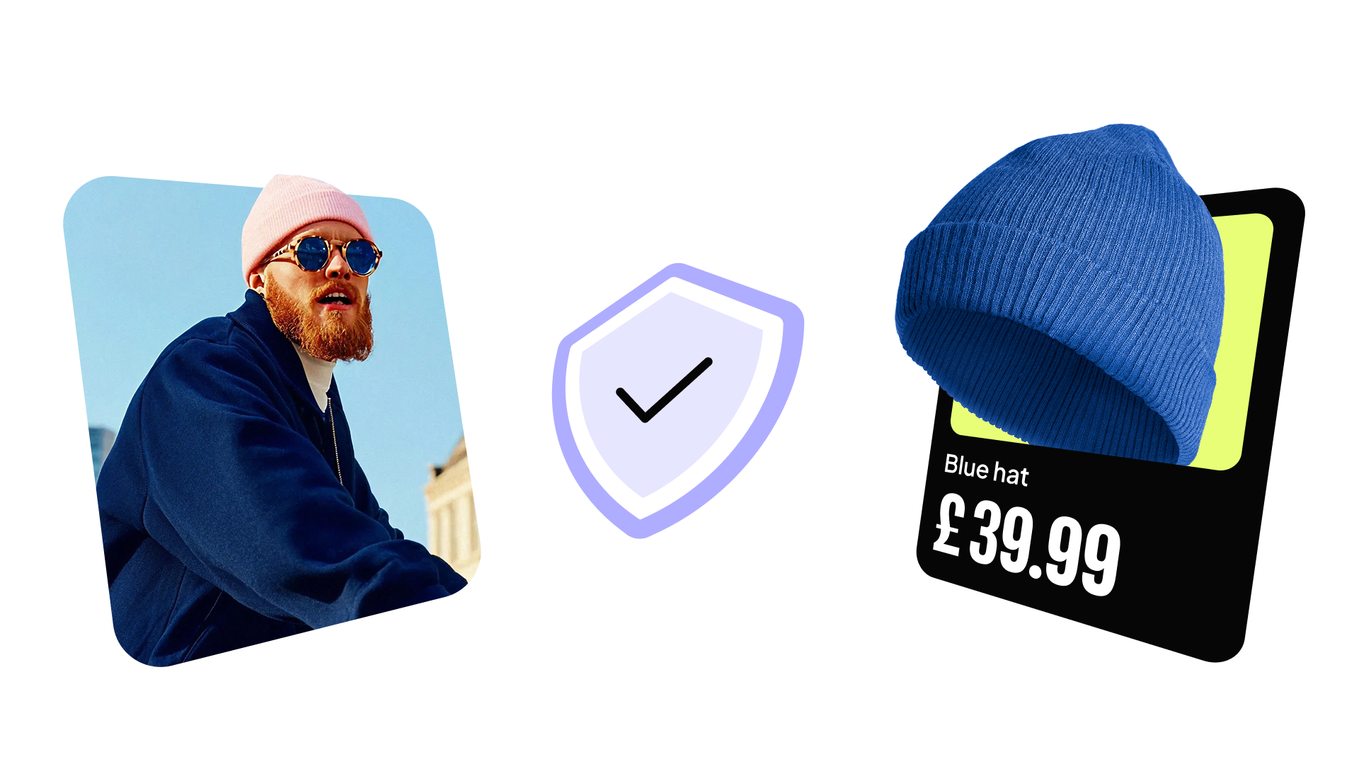 Man with a pink beanie beside a blue beanie priced at £39.99, with a shield and checkmark icon in between.