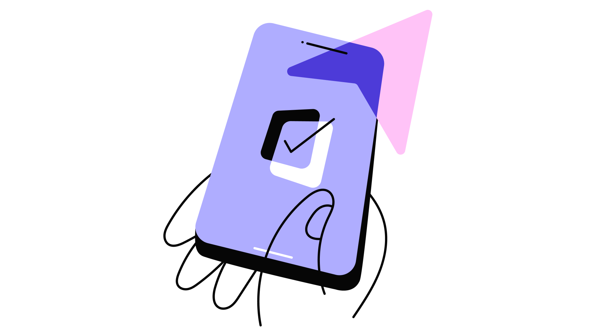 Illustration of a smartphone with a checkmark icon on the screen, a large cursor, and a finger touching the screen.