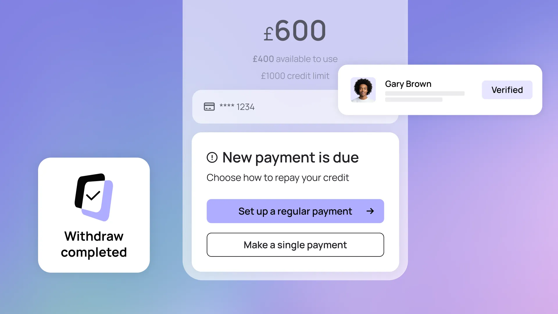 Finance app interface showing £600 available credit, verified user profile, and payment options with "Withdraw completed" message.