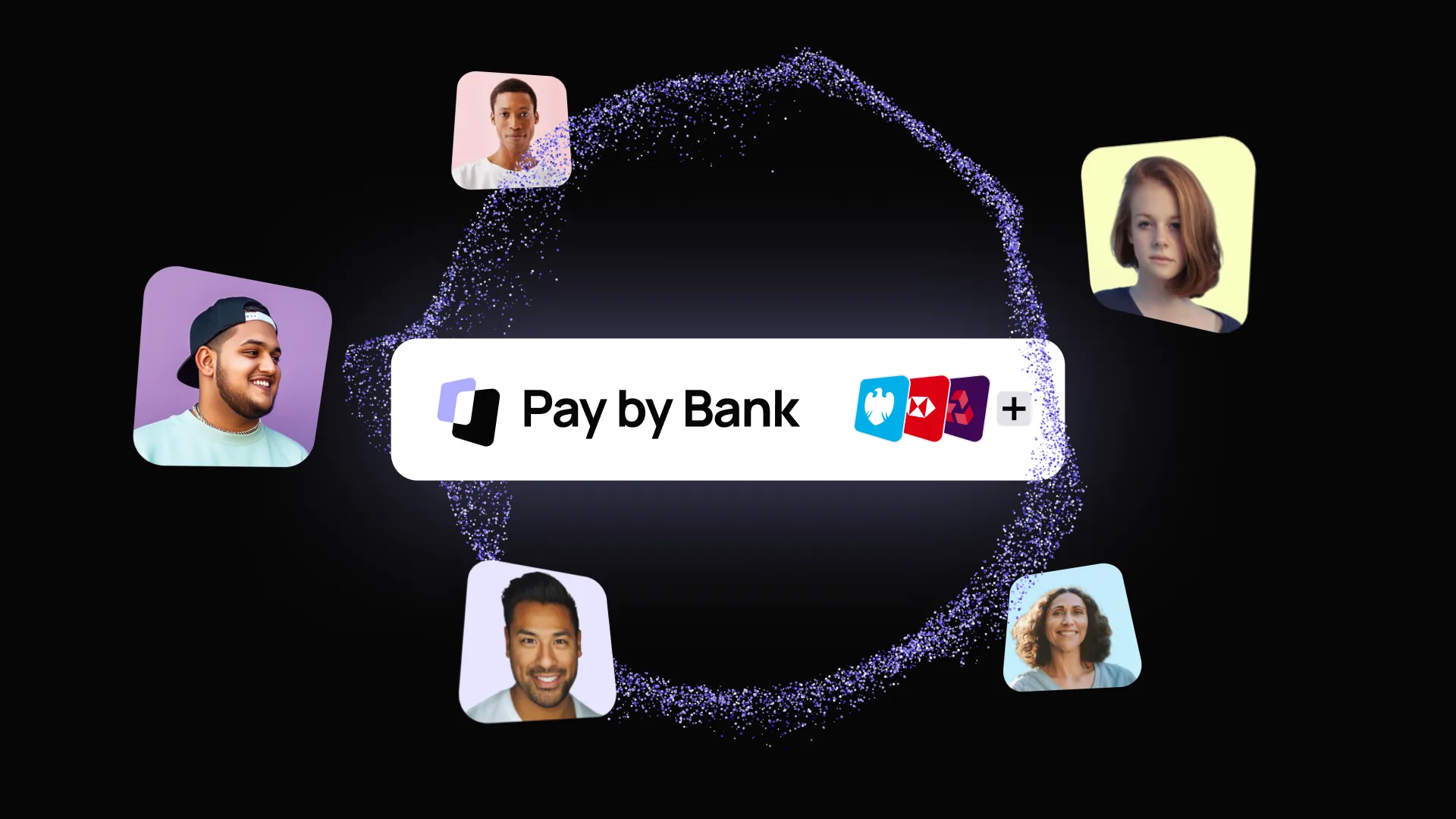"Pay by Bank" logo surrounded by diverse avatars, with bank logos on a dark background with purple particles.