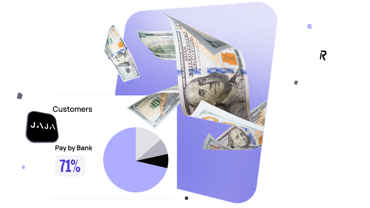 Floating US dollar bills with a pie chart showing 71% labeled "Pay by Bank" and "Customers" on a gradient purple background.