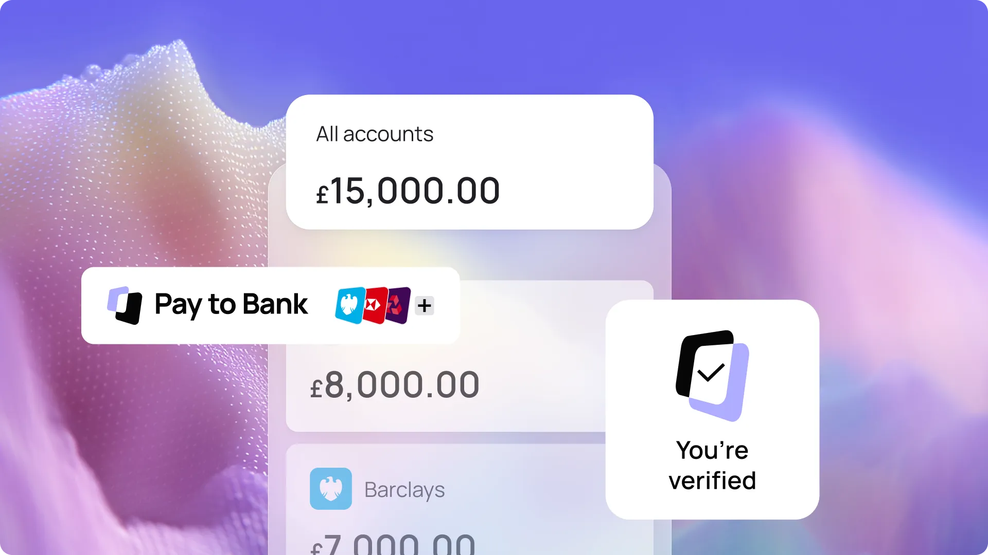 Bank interface showing total balance £15,000, Pay to Bank option, account list, and a "You're verified" notification on a colorful background.