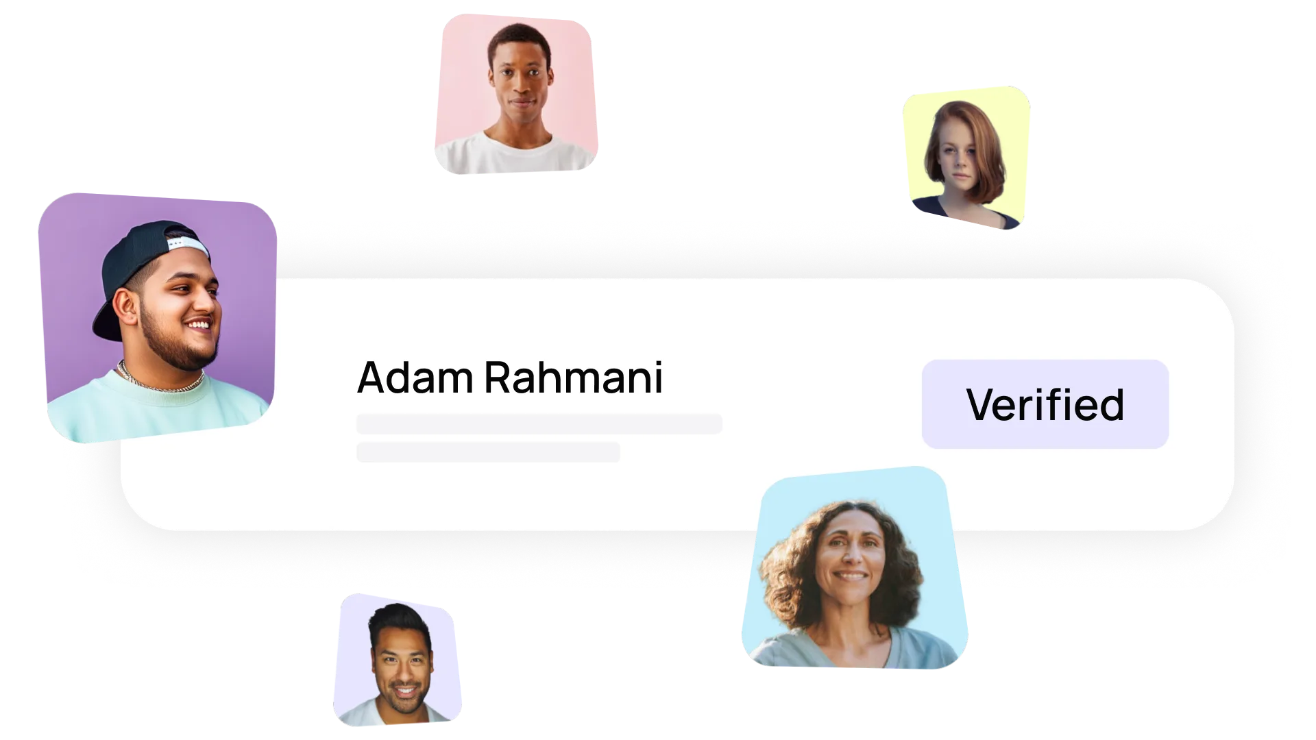 Profile card for Adam Rahmani, marked "Verified," surrounded by floating, diverse profile photos on a colorful background.