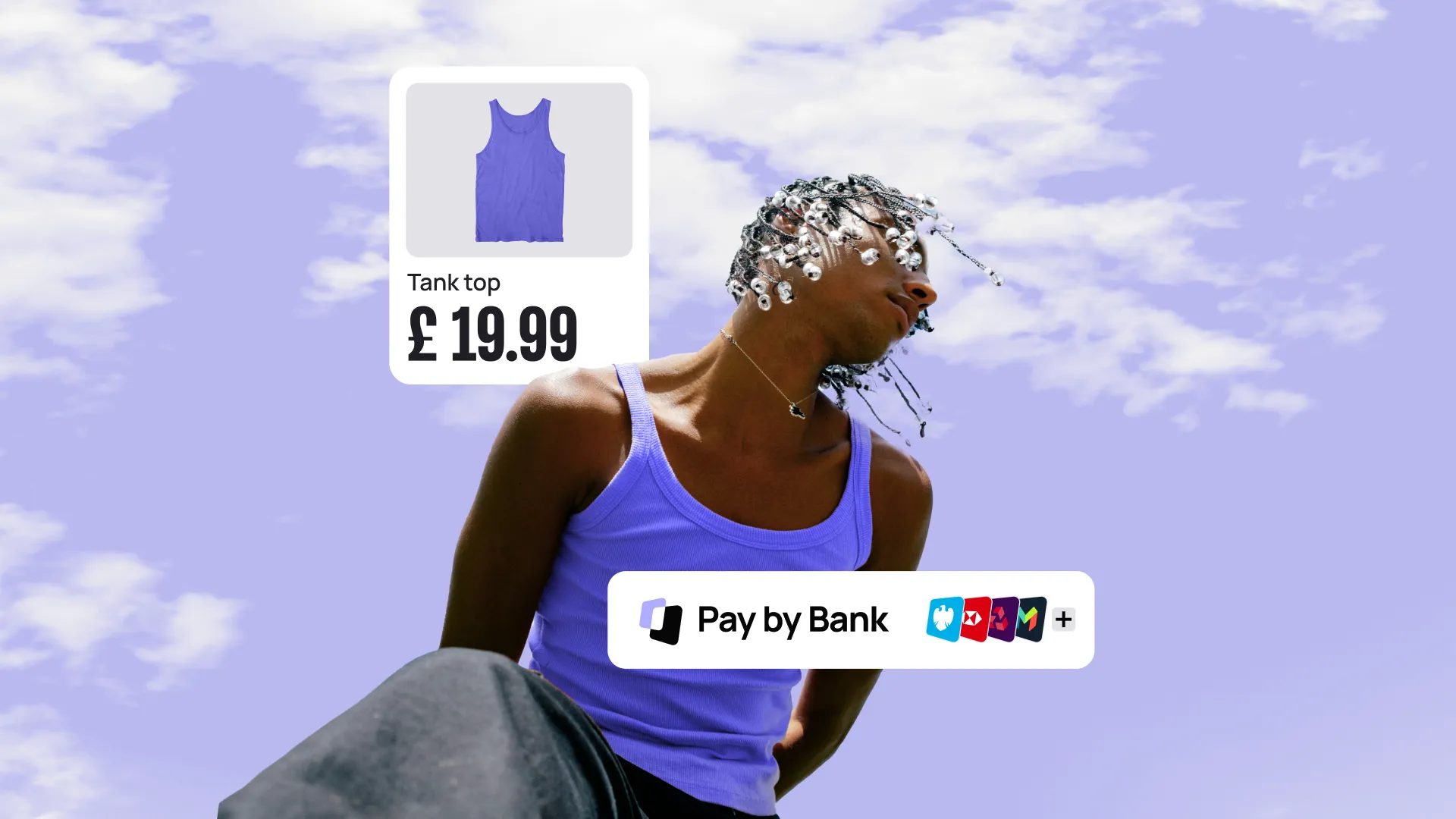 Person in a blue tank top under a cloudy sky with price tag £19.99 and "Pay by Bank" option displayed.