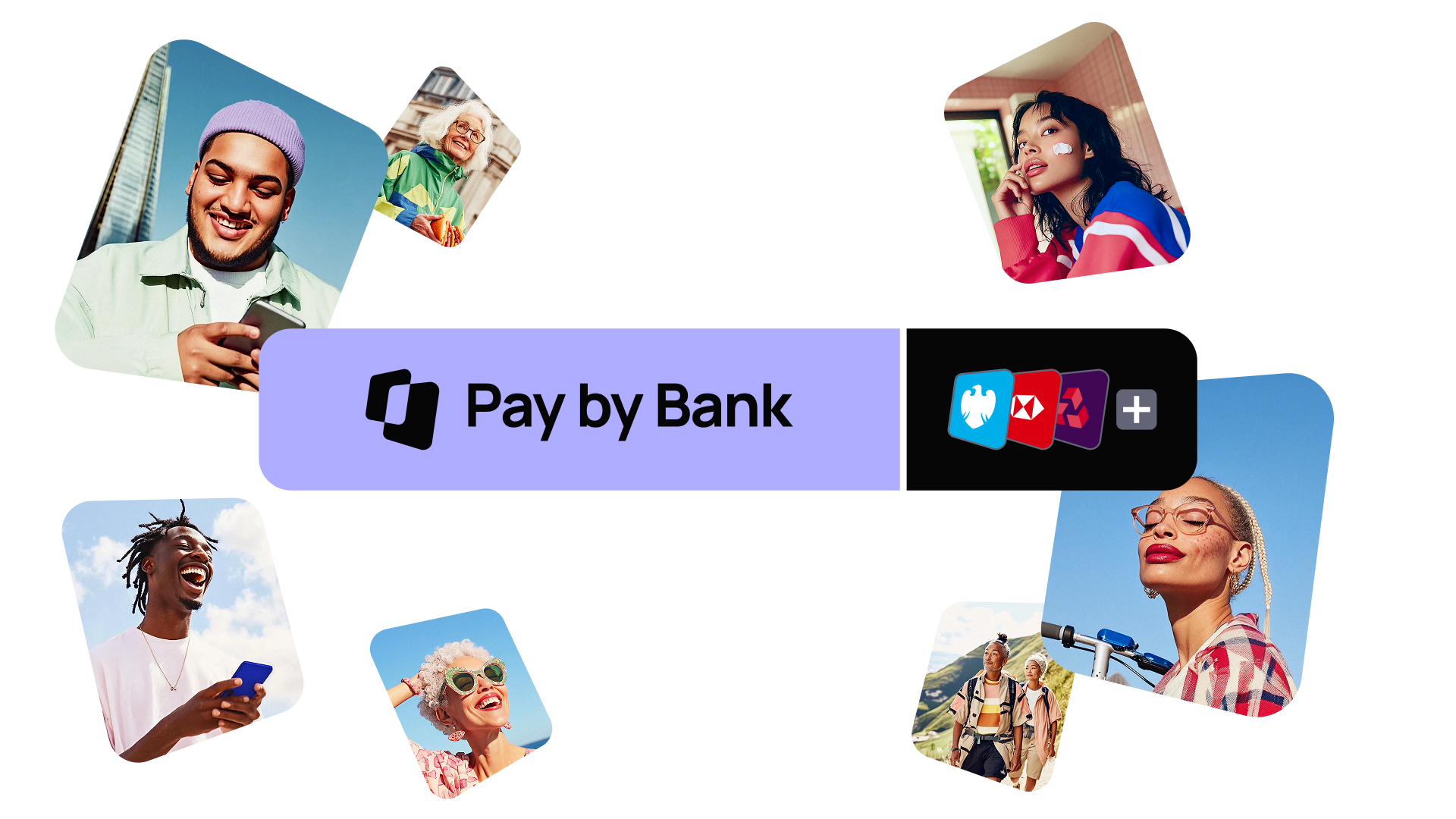 Collage of diverse people smiling with the "Pay by Bank" logo at the center, surrounded by various app icons.