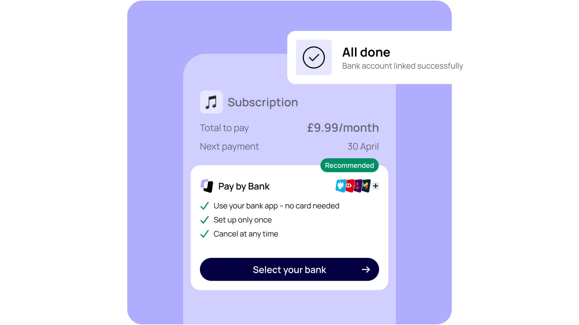 Subscription payment setup screen showing £9.99/month via bank app. Confirmation message: "All done, bank account linked successfully."