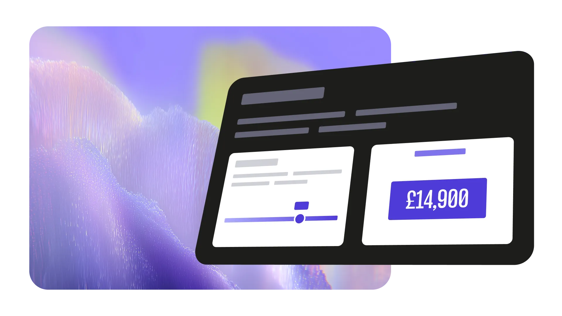 Illustration of a digital dashboard with a slider and a price display of £14,900, set against a purple abstract background.
