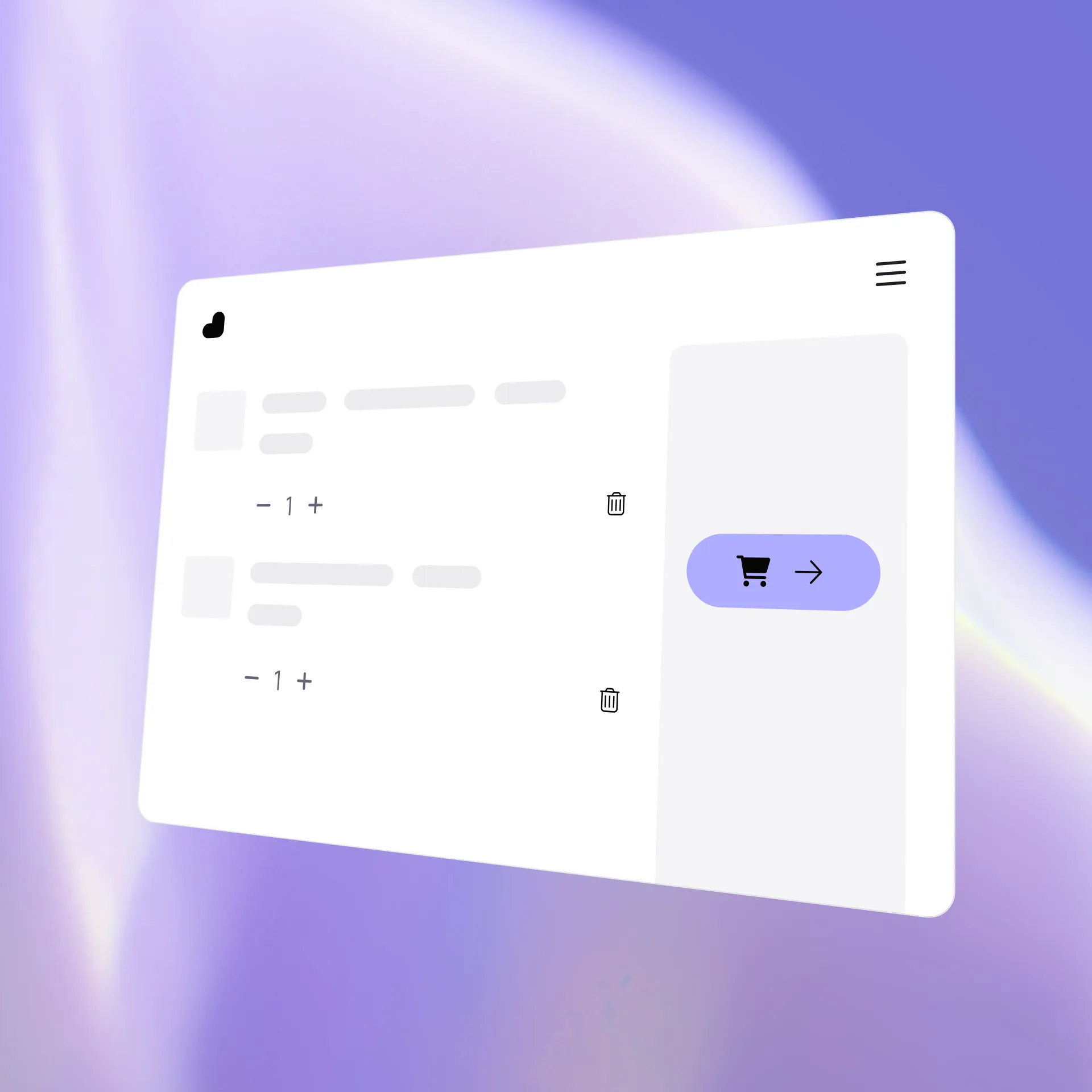 Minimalist digital shopping cart interface on a soft purple gradient background, featuring product listings and a checkout button.