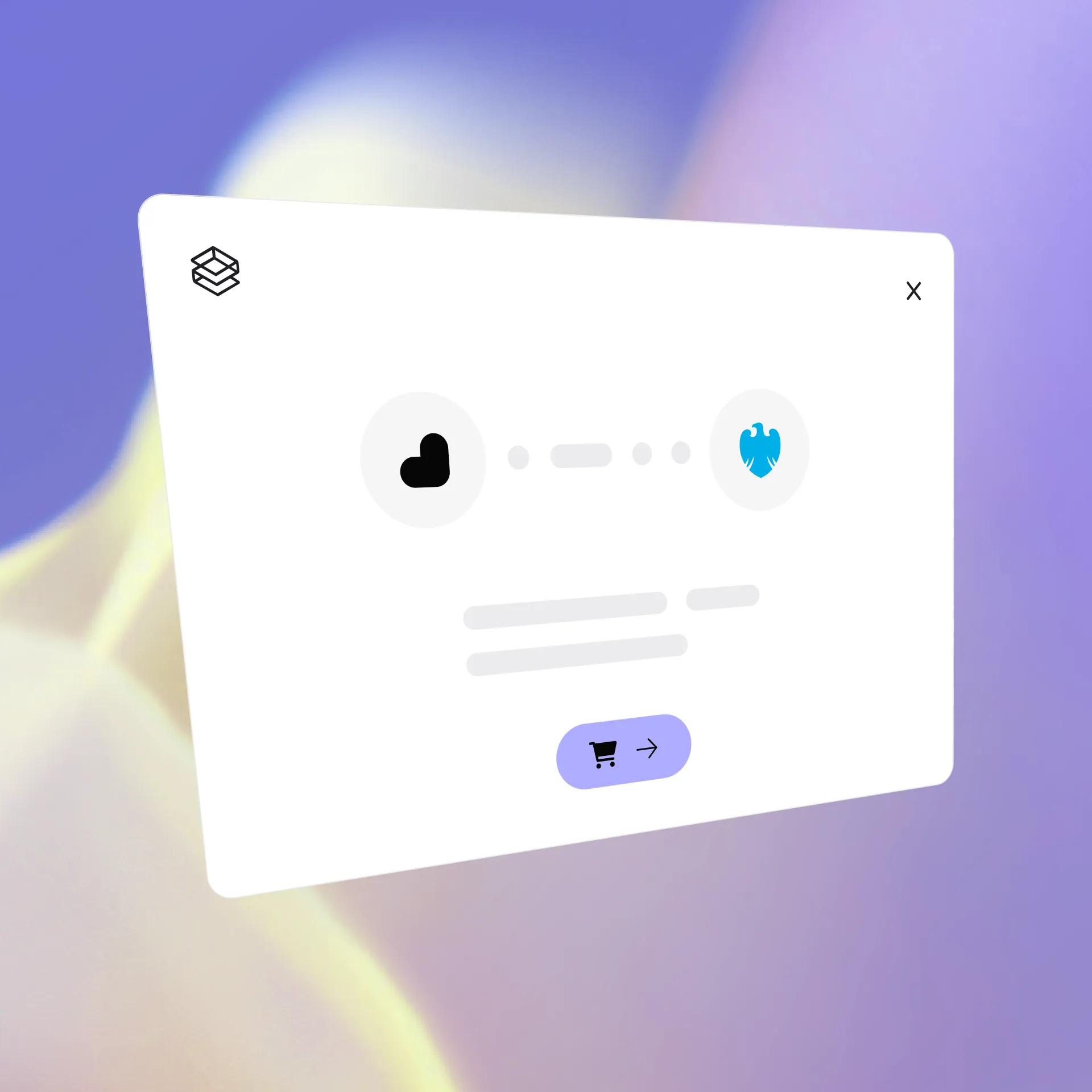 Minimalistic user interface with heart and bird icons, a progress indicator, text fields, and a shopping cart button on a blurred background.