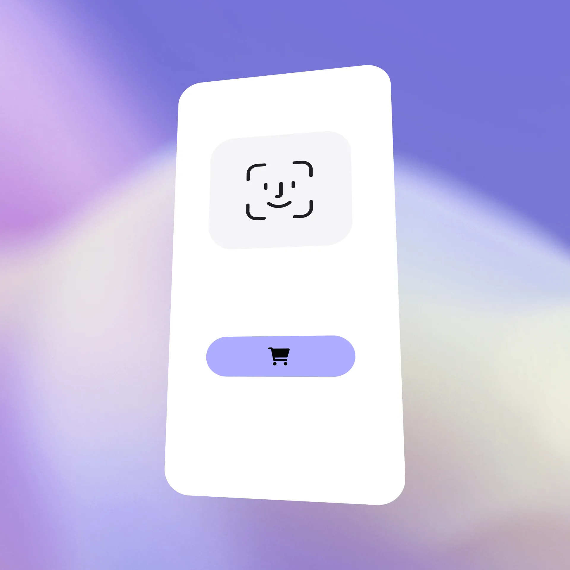 Mobile interface with a face recognition icon and a shopping cart button, set against a purple gradient background.