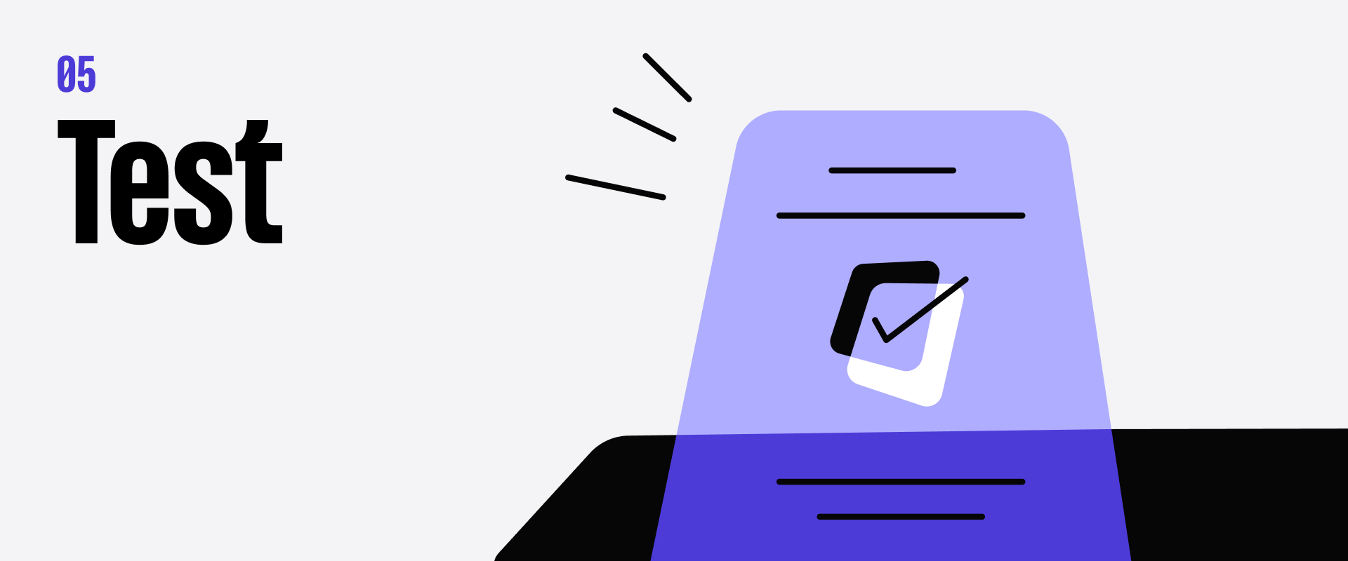 Stylised illustration with "Test" text, a checkmark inside a square, and abstract lines on a purple and black background.