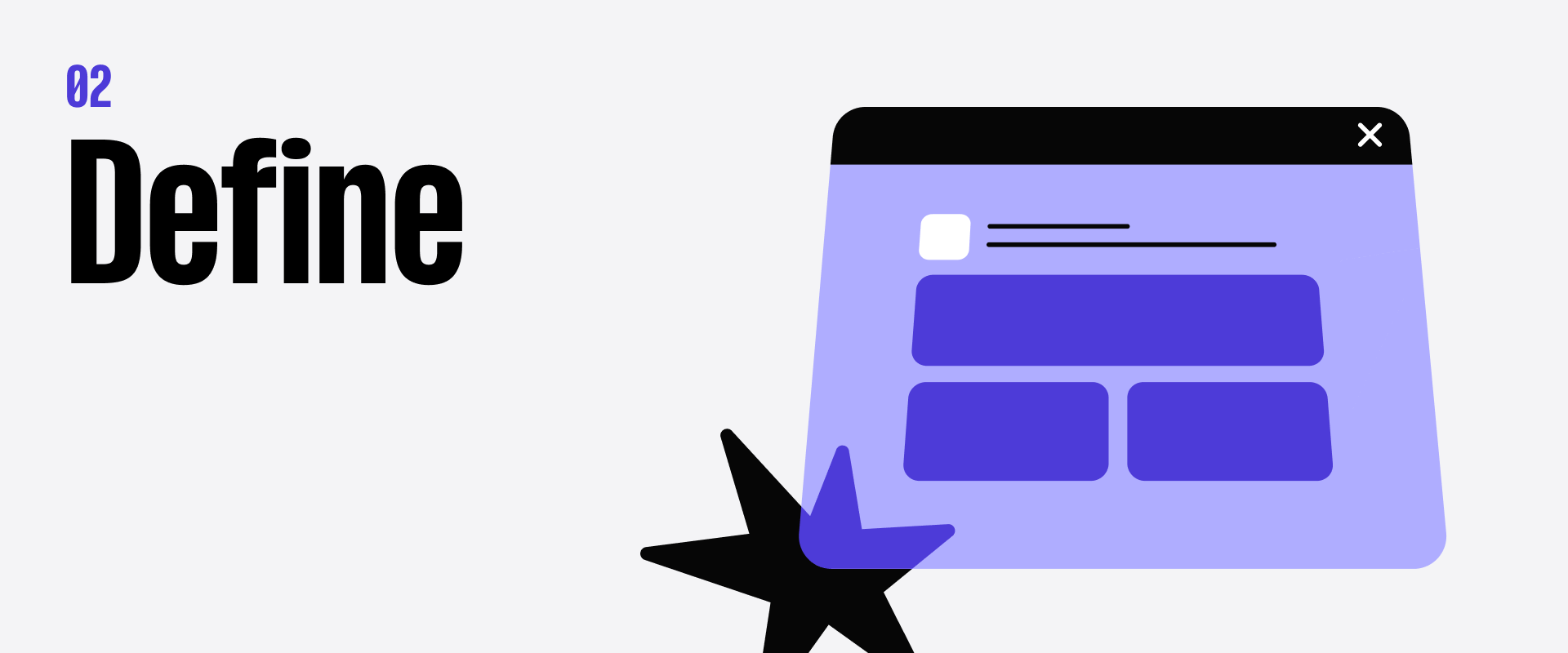 Illustration of a web page with a star overlay, labeled "Define" with the number 02, on a light gray background.