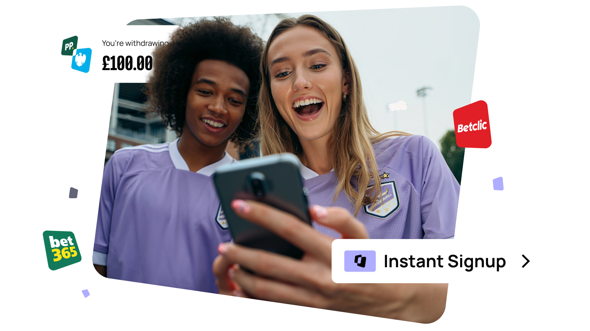 Two people in purple jerseys excitedly look at a smartphone. Betting app logos and a £100.00 withdrawal notification are visible.