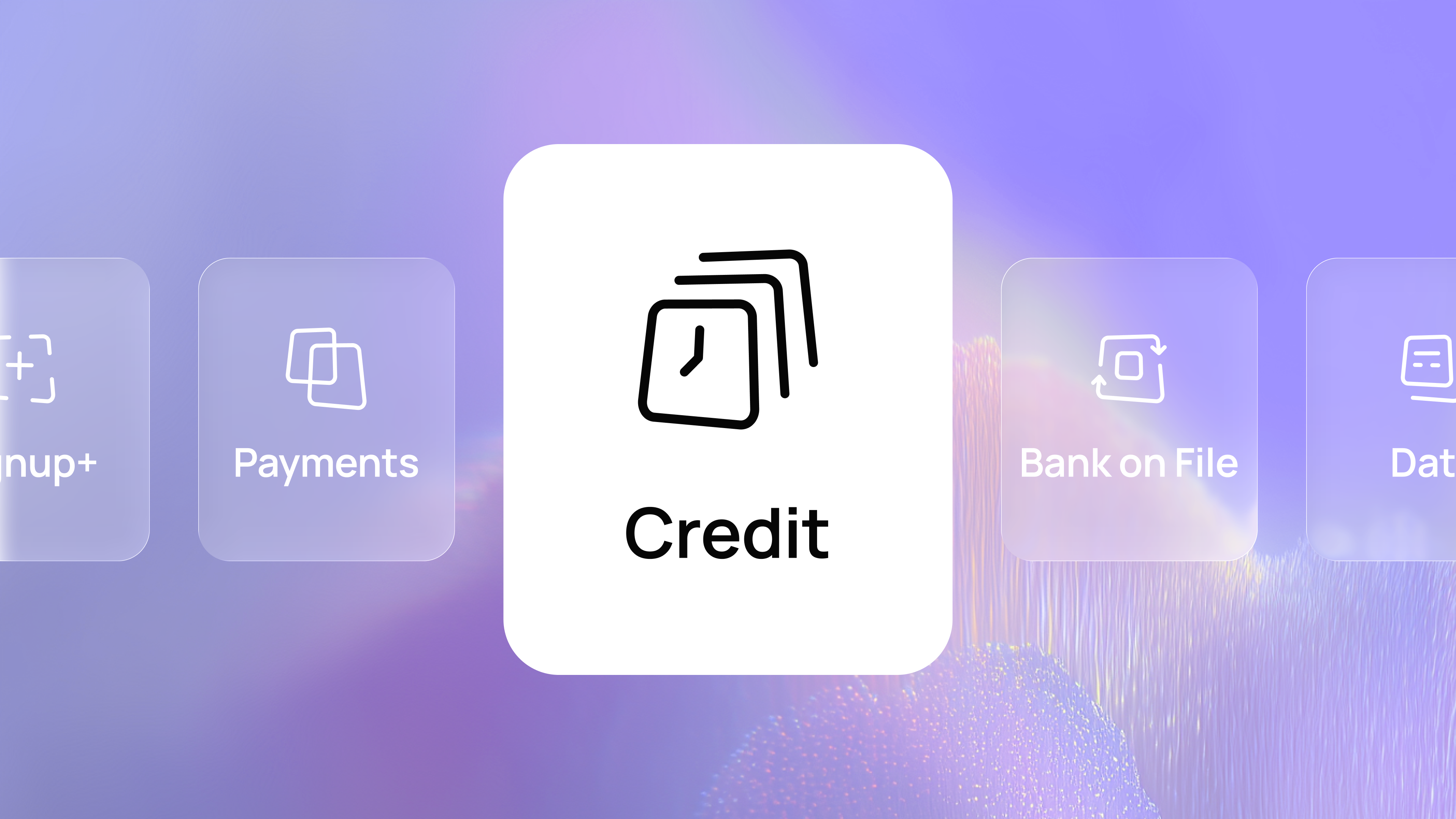 Icon grid with highlighted "Credit" section, featuring a clock symbol. Other options include "Signup+", "Payments", and "Bank on File".
