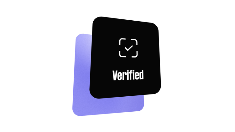 Black square with a checkmark inside a frame and "Verified" text, overlapping a purple square on a white background.