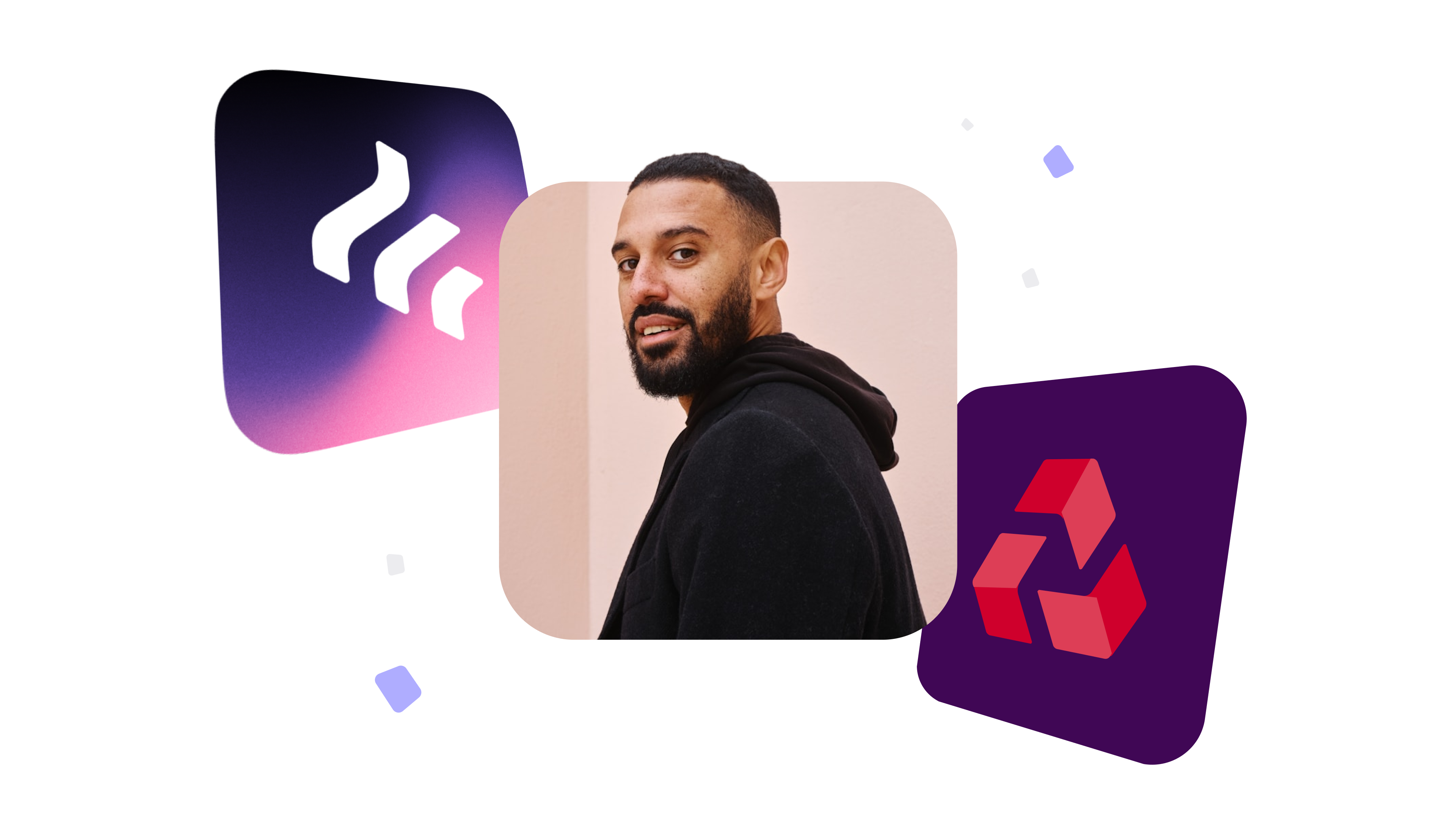 Man in a black hoodie, surrounded by abstract shapes and logos on a dark background.