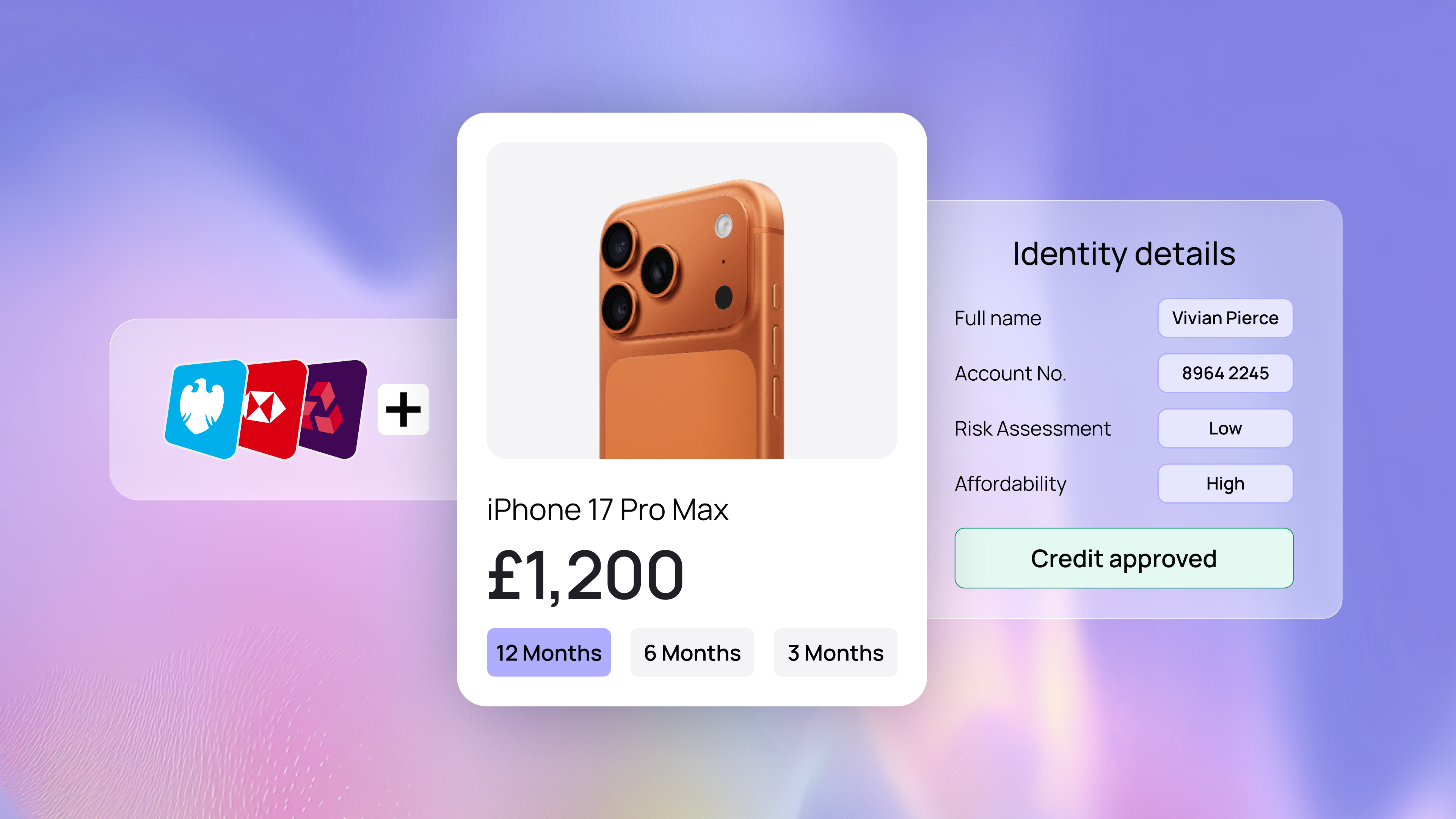 Graphic showing an iPhone 17 Pro Max priced at £1,200 with payment options. Identity details show low risk, high affordability, and credit approved.