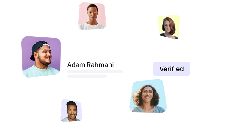 A profile card labeled "Adam Rahmani" with a "Verified" badge, surrounded by five diverse floating profile pictures.