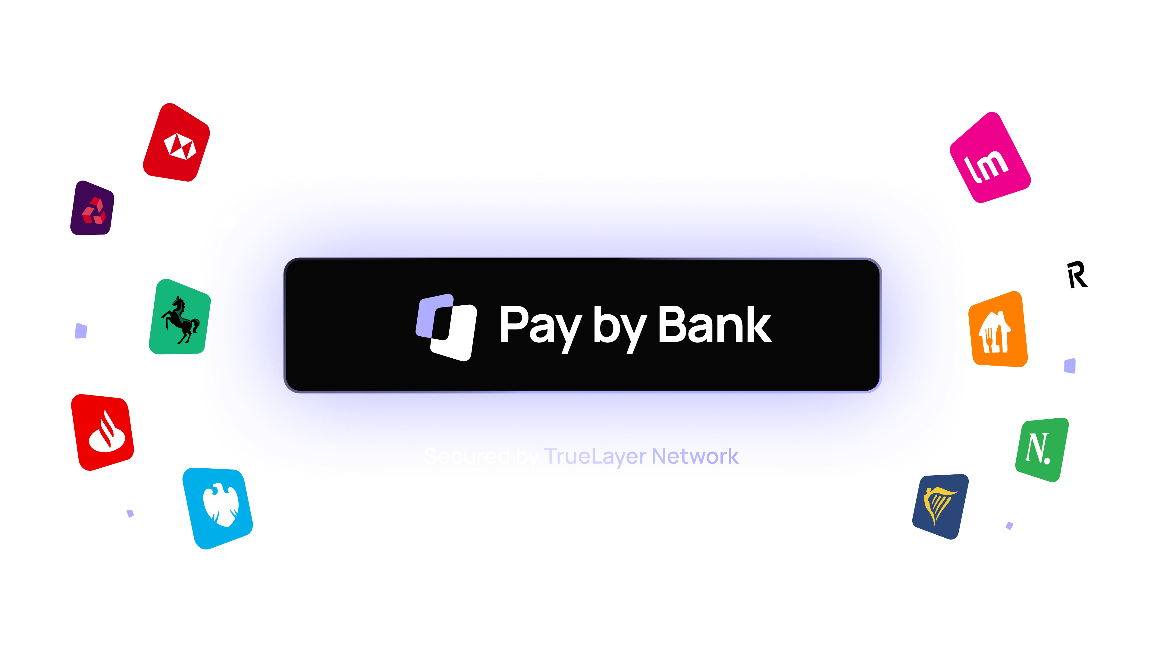 "Pay by Bank" logo centered, surrounded by various colorful banking and financial app icons on a dark background.