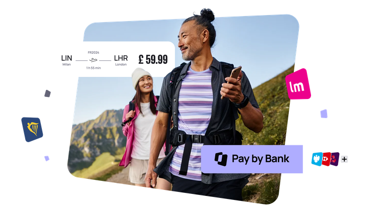 A man and woman hiking in the mountains, holding a phone. Travel icons and flight details overlay the image, including a price of £59.99.