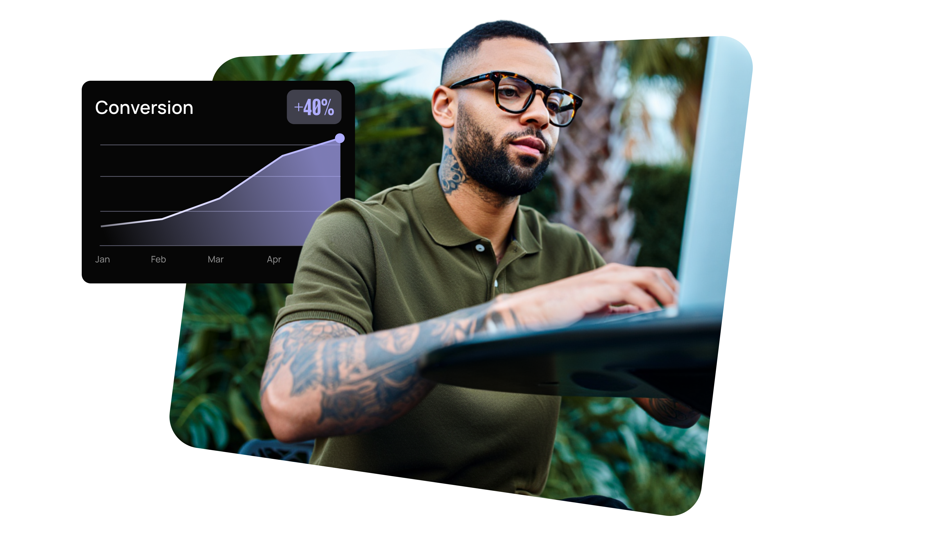Man with tattoos using a laptop outdoors, next to a graph showing a 48% increase in conversions from January to April.