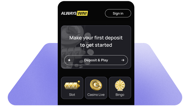 Mobile casino app interface with a "Deposit & Play" button and icons for Slot, Casino Live, and Bingo on a black background.