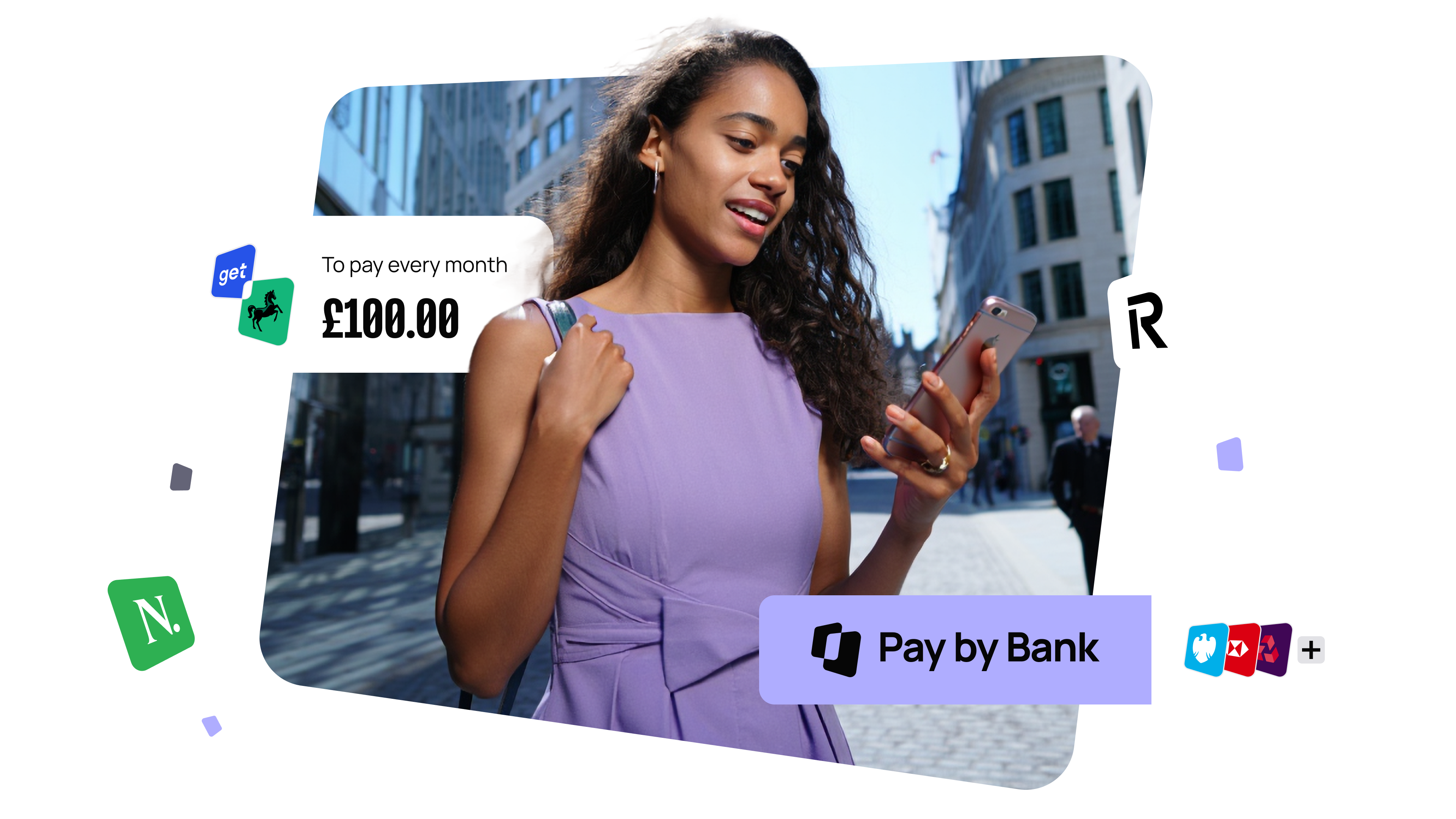 Woman in a purple dress smiles at her phone while walking in a city. Overlay shows a payment notification of £100.00 and "Pay by Bank" option.