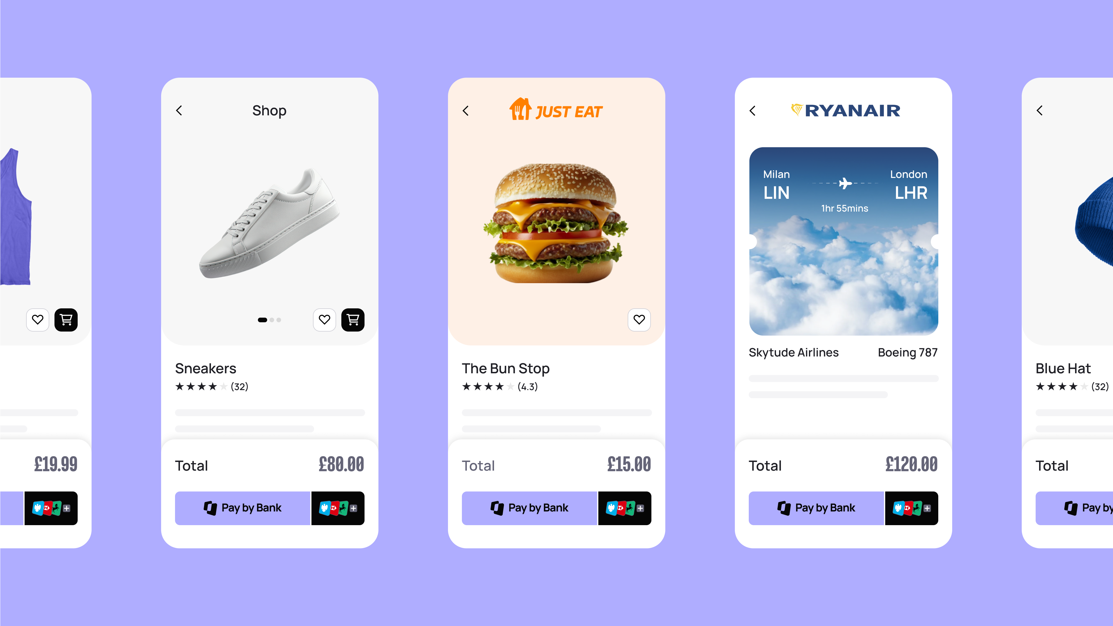 A series of mobile app interfaces displaying products: sneakers, a burger, a flight, and a blue hat, each with prices and payment options.