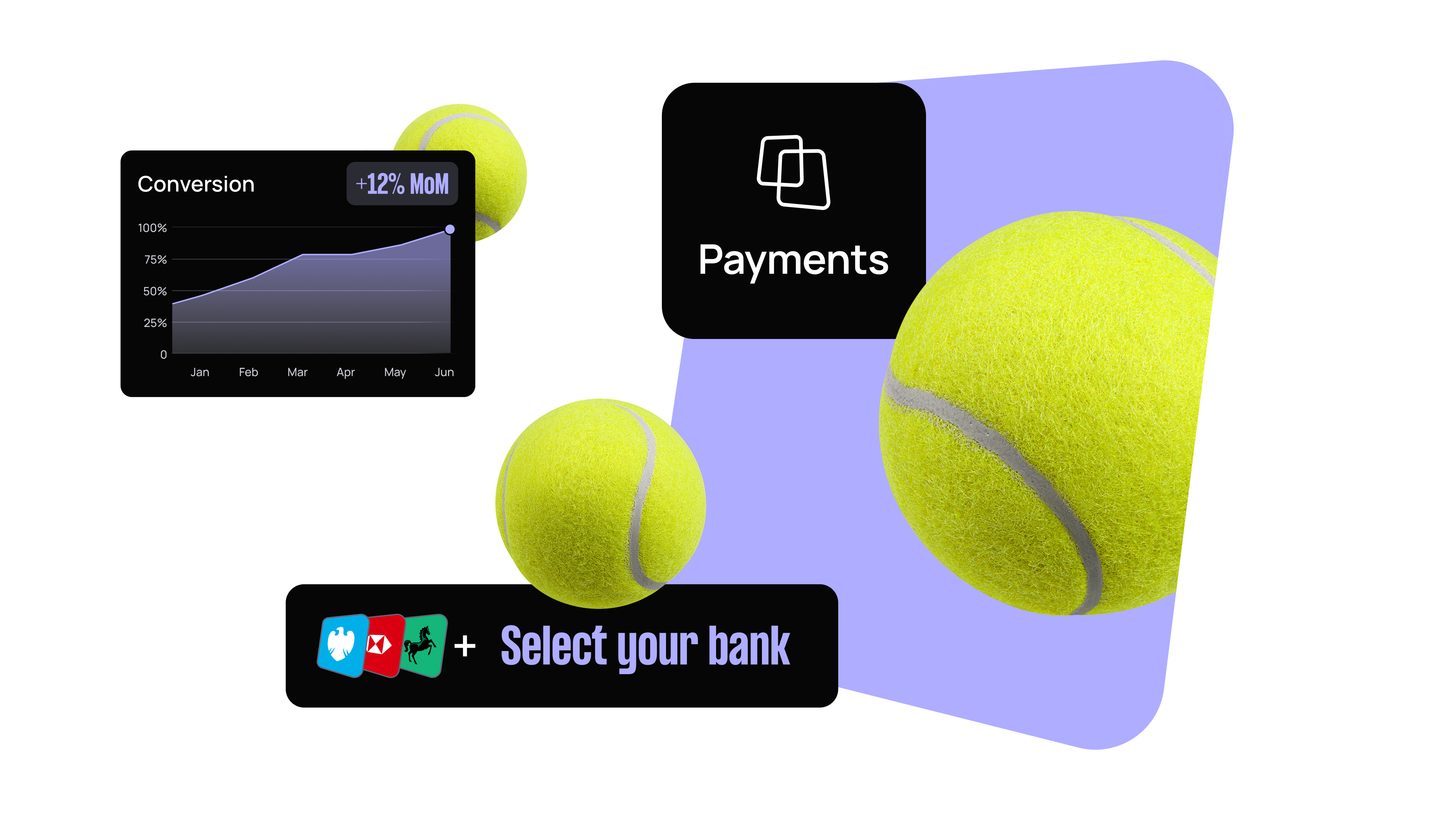 Tennis balls with a graph showing conversion rates, a "Payments" icon, and a prompt to select your bank against a purple background.