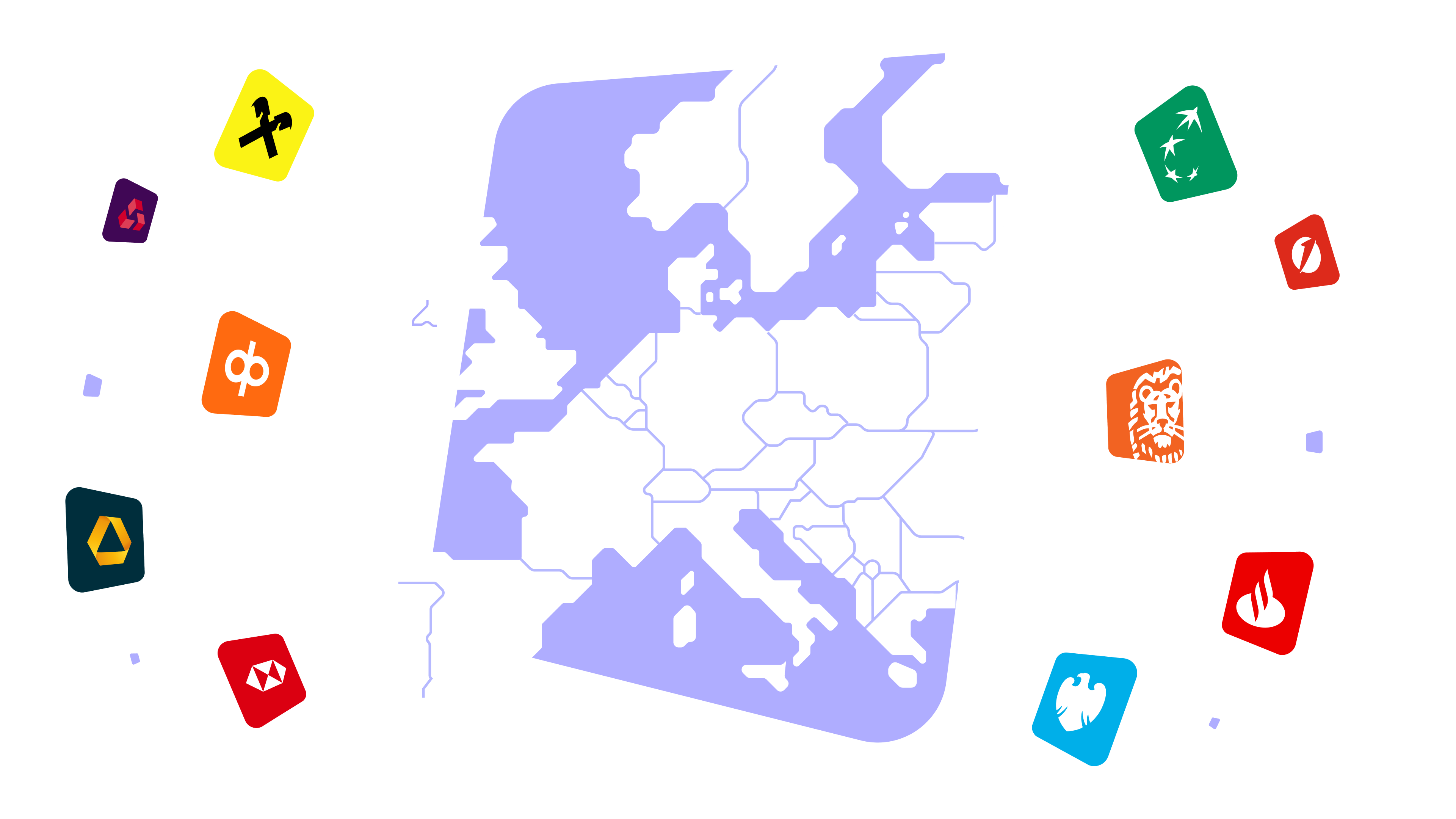 Map of Europe surrounded by various colorful app icons, each representing different services or companies.
