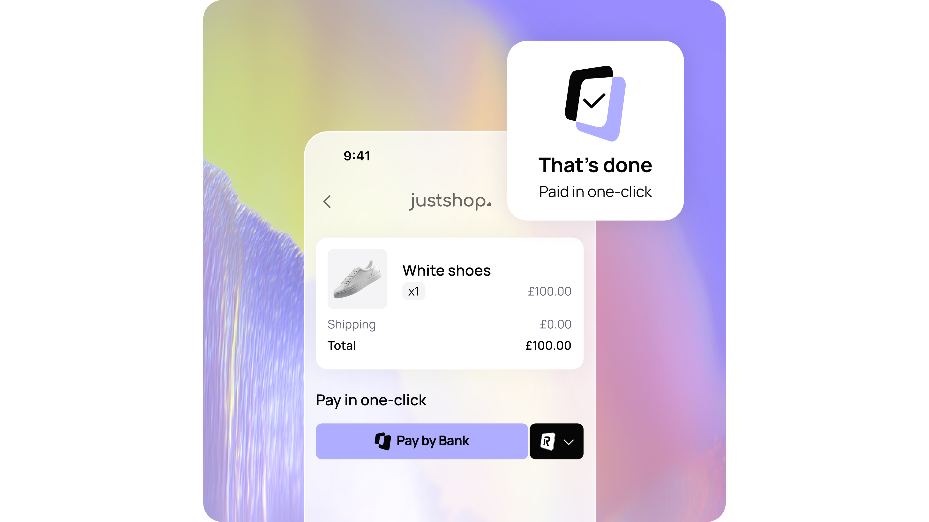 Checkout screen showing white shoes purchase for £100, paid with one-click using "Pay by Bank" with confirmation overlay.