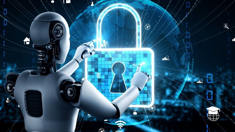 Robot interacting with a digital padlock on a virtual globe background, symbolizing cybersecurity and data protection.