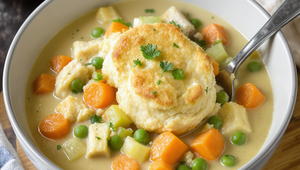 A bowl of creamy chicken pot pie soup with carrots, peas, celery, chicken chunks, and topped with a golden biscuit garnish, alongside a spoon.