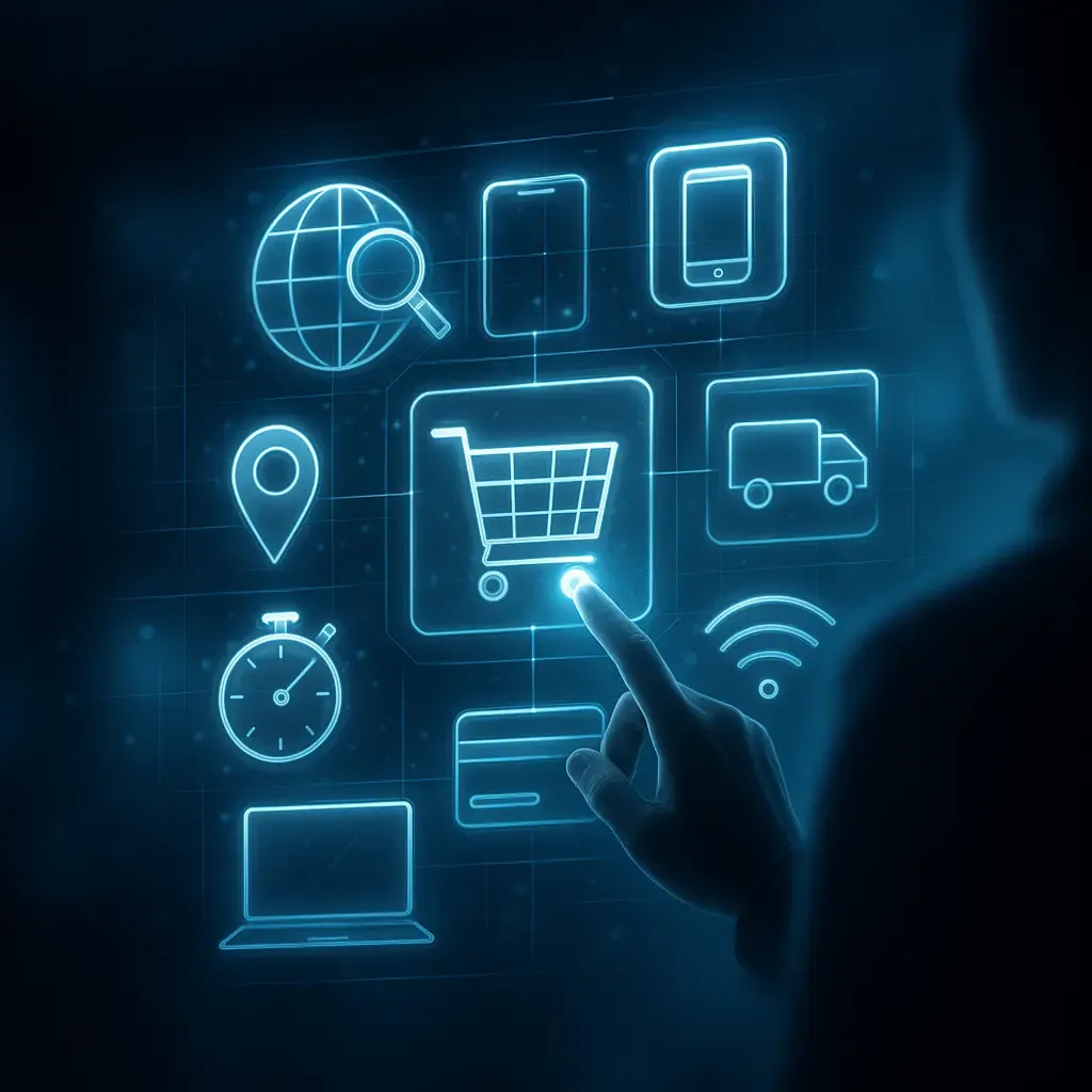 A person’s hand touches a glowing digital interface displaying neon-blue ecommerce icons, including a shopping cart, delivery truck, credit card, globe with magnifying glass, mobile devices, stopwatch, laptop, and Wi-Fi symbol, all floating on a dark futuristic background.