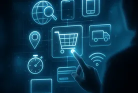 A person’s hand touches a glowing digital interface displaying neon-blue ecommerce icons, including a shopping cart, delivery truck, credit card, globe with magnifying glass, mobile devices, stopwatch, laptop, and Wi-Fi symbol, all floating on a dark futuristic background.