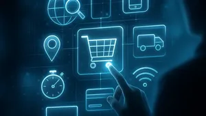 A person’s hand touches a glowing digital interface displaying neon-blue ecommerce icons, including a shopping cart, delivery truck, credit card, globe with magnifying glass, mobile devices, stopwatch, laptop, and Wi-Fi symbol, all floating on a dark futuristic background.