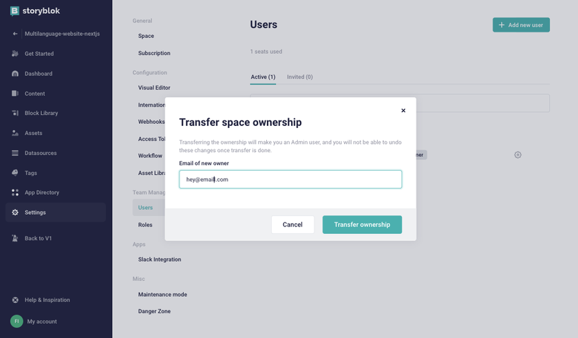 Transfering ownership in Storyblok