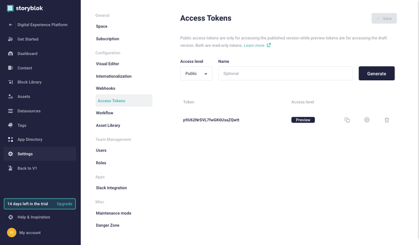 Storyblok access tokens for application