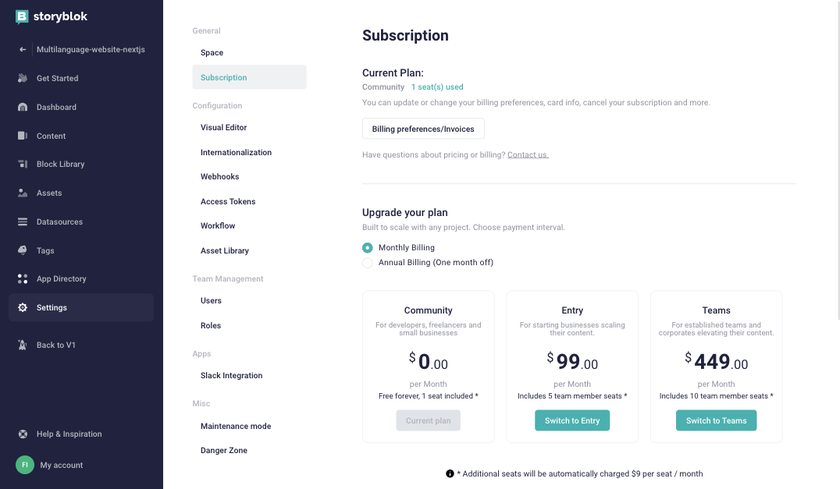 Storyblok invoices and subscription