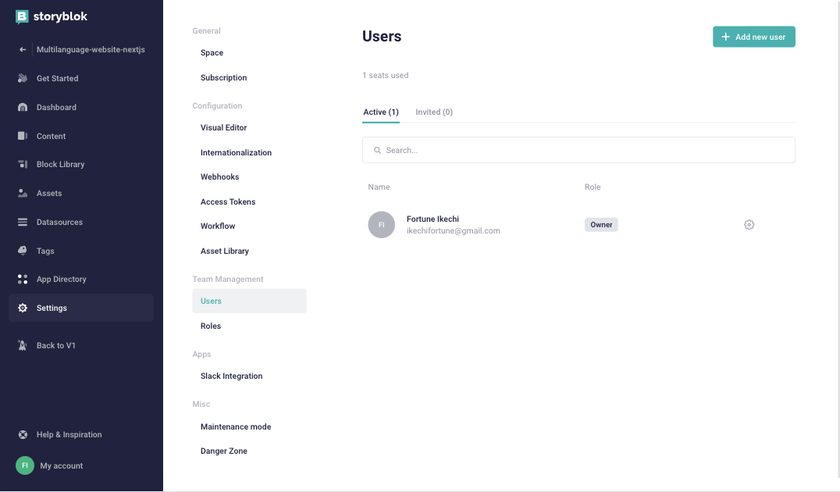 Storyblok user settings tab