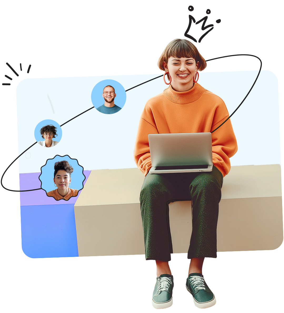Smiling person in an orange sweater sits with a laptop, surrounded by floating profile pictures connected by lines, symbolizing networking.